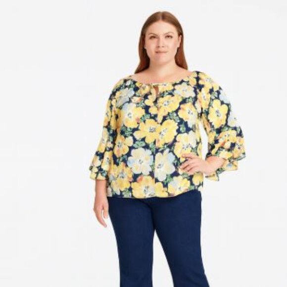 NWT CHAPS Georgette Ruffle Sleeve Peasant Blouse Yellow & Navy Floral Size 2X - Picture 1 of 8